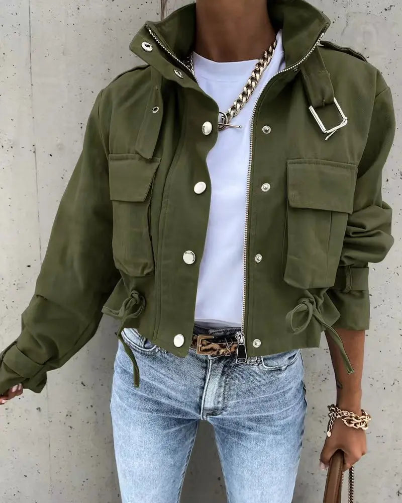 Women Short Jackets Autumn Winter Female Turn Down Collar Long Lantern Sleeve Cropped Biker Cycle Coat Outwear SZE-5353