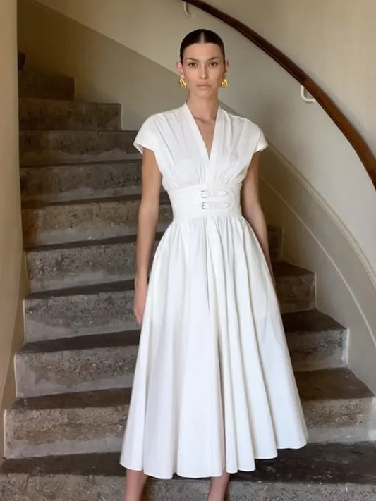Fashion White Party Long Dress 2024 Women Elegant Pleated Waist Belt Flying Sleeve Office Robe New Lady Street Dresses