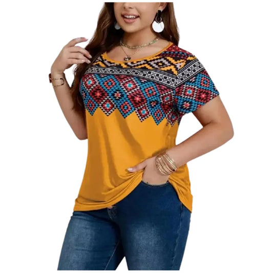 New 2025 Summer Retro T Shirt Women Ethnic Style Geometry Pattern Print Shirt Casual Fashion Plus Size Short Sleeve Tee Tops 6XL