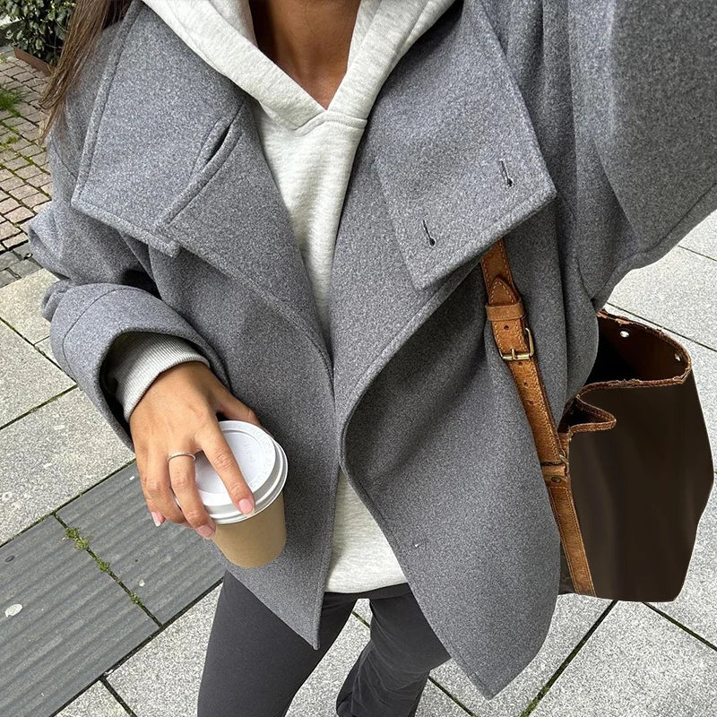 Fashion Women's Stand Collar Woolen Coats Long Sleeve Loose Female Short Coat 2025 Autumn Winter Office Lady Street Jacket