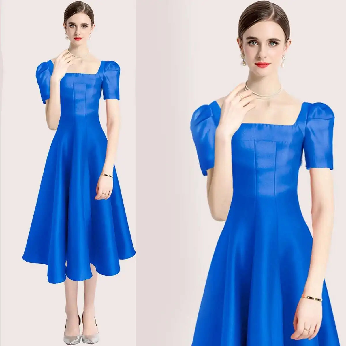 JAMERARY Summer Women Dress Long French Hepburn Style Fashion Party Elegant Square Collar Short Sleeve Midi Vestidos Party Robe