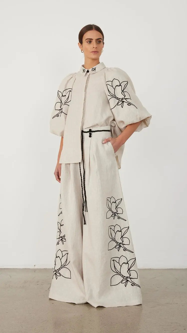 Cotton Linen Women Elegant Two Piece Set Loose Long Sleeve Printed Shirt and High Waist Wide Leg Pants Set Casual Womens Outfits