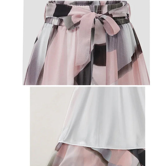 Women Chiffon Half-body Skirt,Female Summer Section of The Medium-length Floral Skirts High-waisted A-line Yarn Skirt Asian Size