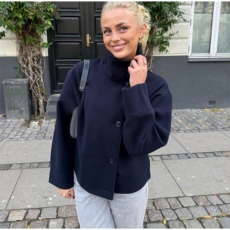 Fashion Women's Stand Collar Woolen Coats Long Sleeve Loose Female Short Coat 2025 Autumn Winter Office Lady Street Jacket