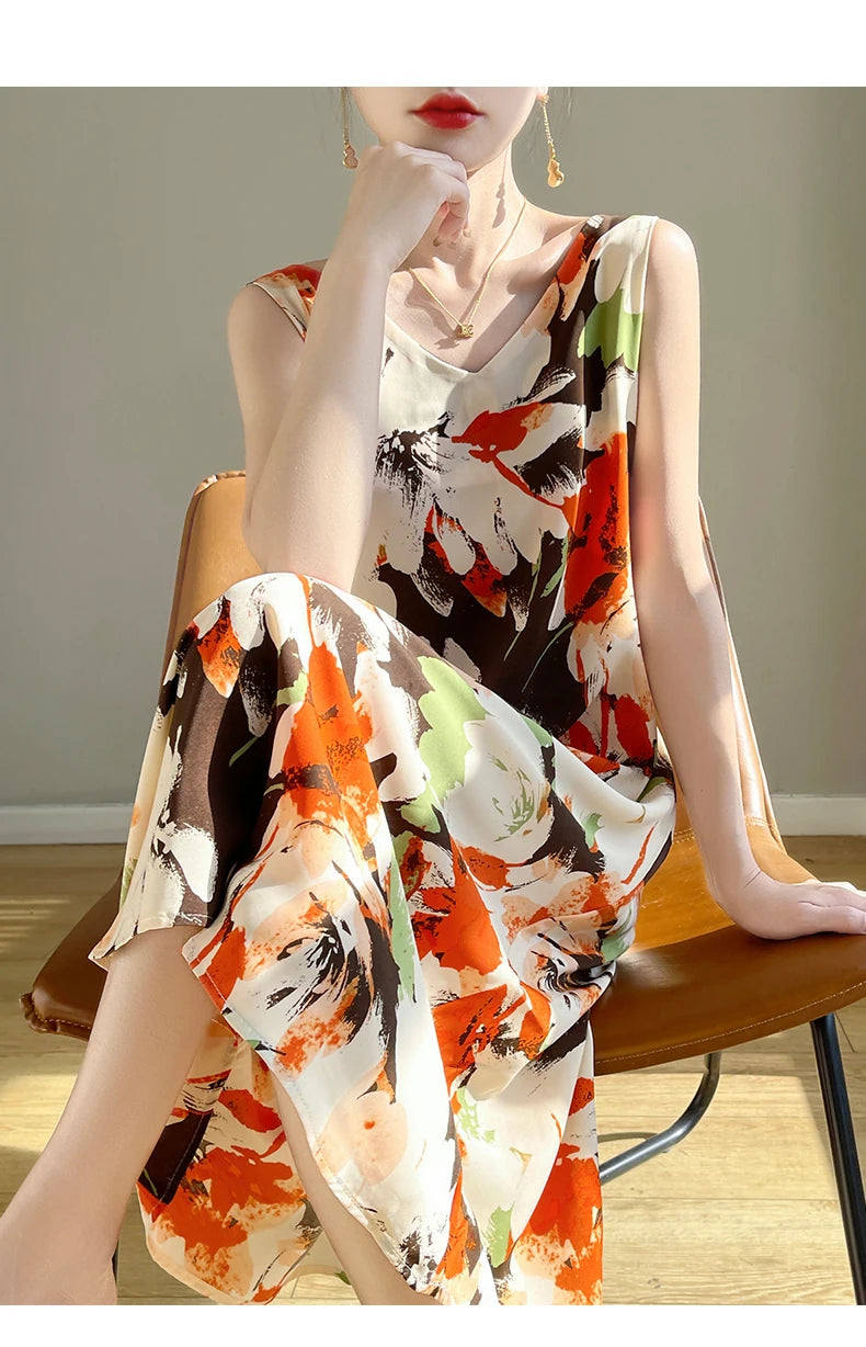 Summer new French silk vest dress for women, acetate satin V-neck light mature fashion floral A-line mid length skirt