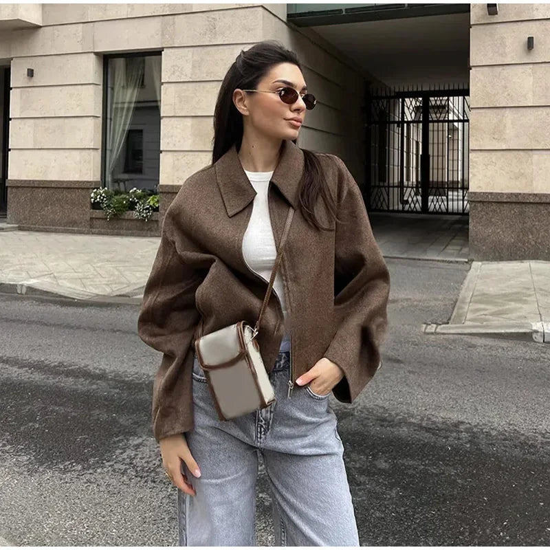 Faux Fur Zipper Jackets Women Casual Lapel Pocket Long Sleeves Wool Coats Female 2025 Autumn Winter Fashion Solid Soft Outwears