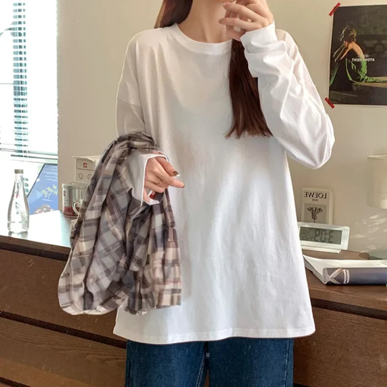 White Pure Color Women T-shirt Student Early Autumn Long Sleeve Tank Top Casual Style Polyester Fabric Comfortable Slim Fit