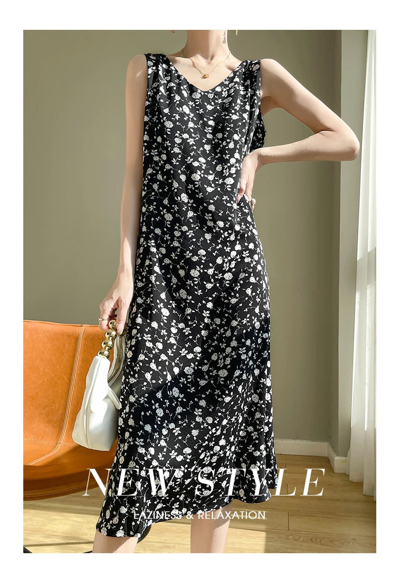 Summer new French silk vest dress for women, acetate satin V-neck light mature fashion floral A-line mid length skirt