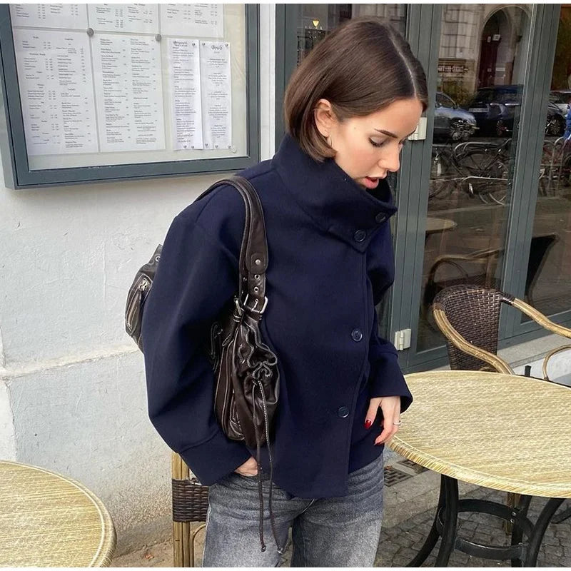 Fashion Women's Stand Collar Woolen Coats Long Sleeve Loose Female Short Coat 2025 Autumn Winter Office Lady Street Jacket