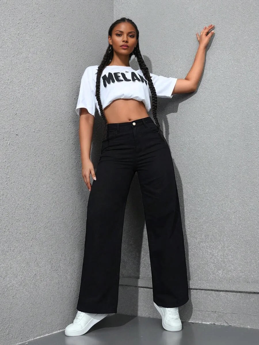 Denim Wide Leg Pants Women Streetwear Jeans Washed Distressed High Waist Straight Trousers Female Vintage Basics Floor Length