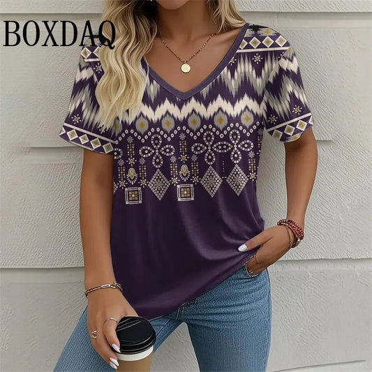8XL Plus Size Women T Shirt Summer Retro Ethnic Style Pattern Print Tshirts Fashion Casual Loose V-Neck Short Sleeve Ladies Tops