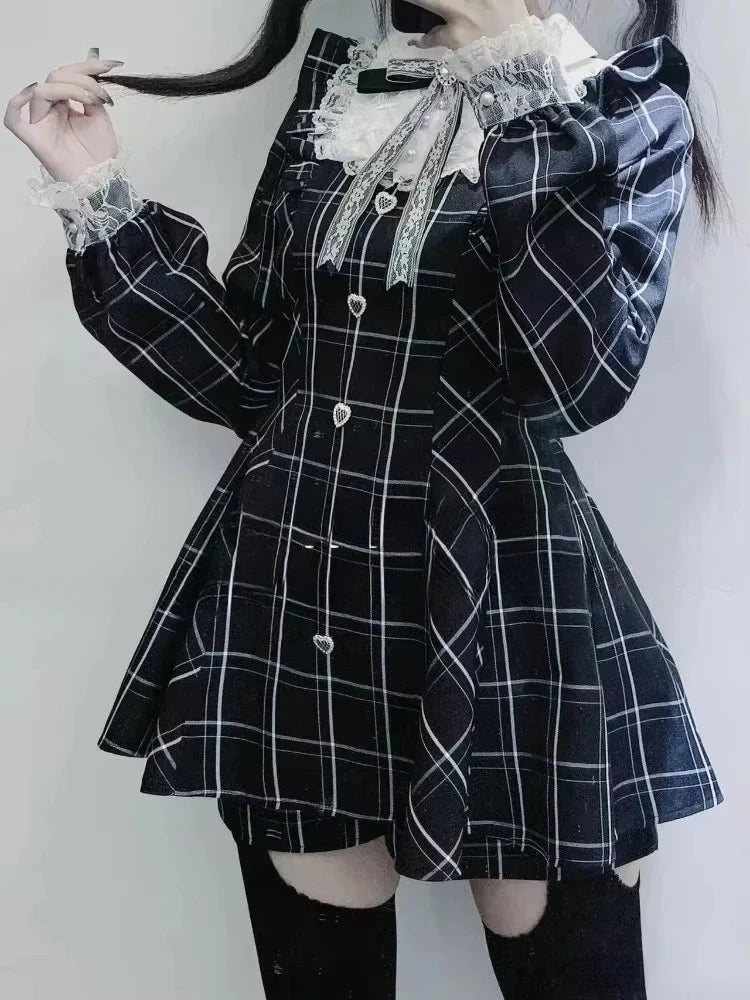 Japanres Sweet Preppy Style Bow Ruffles Dresses Women Y2k Harajuku Slim Mini Dress Autumn Gothic Plaid Long Sleeve Party Dress