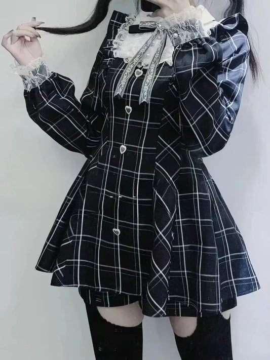 Japanres Sweet Preppy Style Bow Ruffles Dresses Women Y2k Harajuku Slim Mini Dress Autumn Gothic Plaid Long Sleeve Party Dress