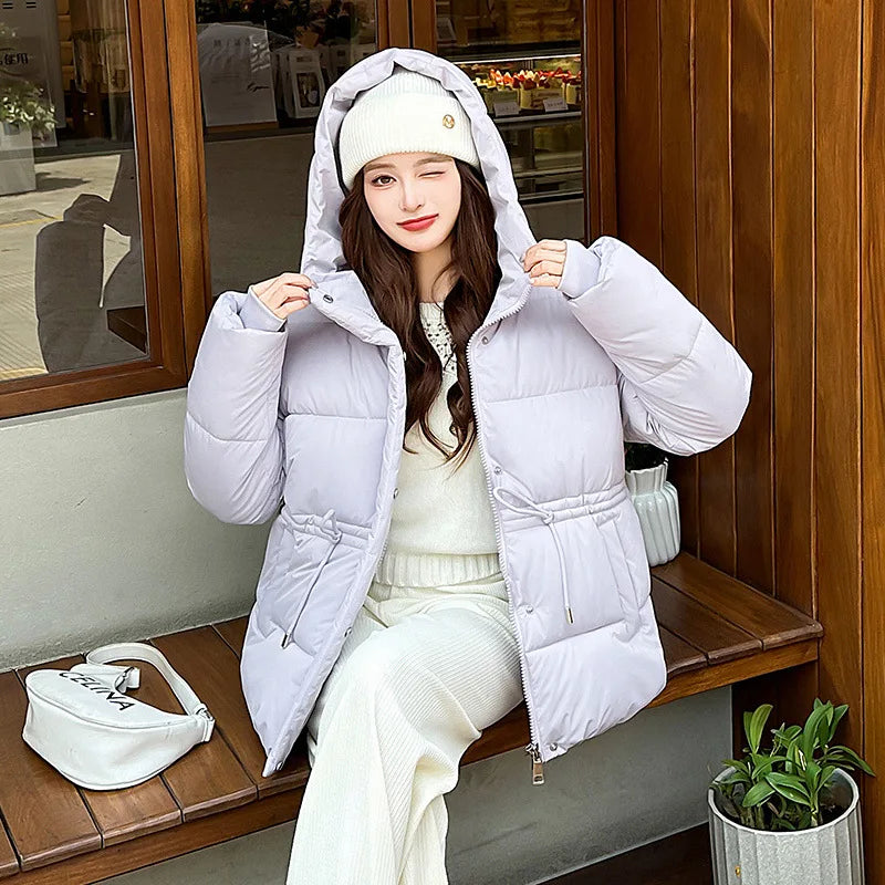 Women's Winter Padded Coat Solid Color Drawstring Waist-cinching Pockets Quilted Jacket For Female Minimalist Lady's Jacket