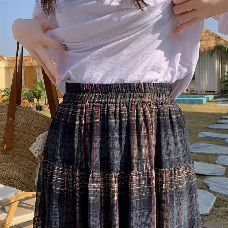 Spring and Autumn Women's Retro Plaid High Waist Skirt Plaid Chiffon Skirt Fashionable and Elegant Long Skirt New A-Line Large Swing Cake Skirt Loose Covering Elegant