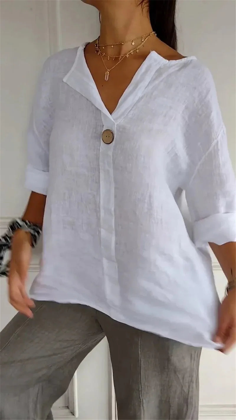 Summer Cotton Linen Blouses For Women 2025 Plus Size V-Neck Button Tee Shirts Casual Half Sleeve Black Tops Loose Women T Shirt