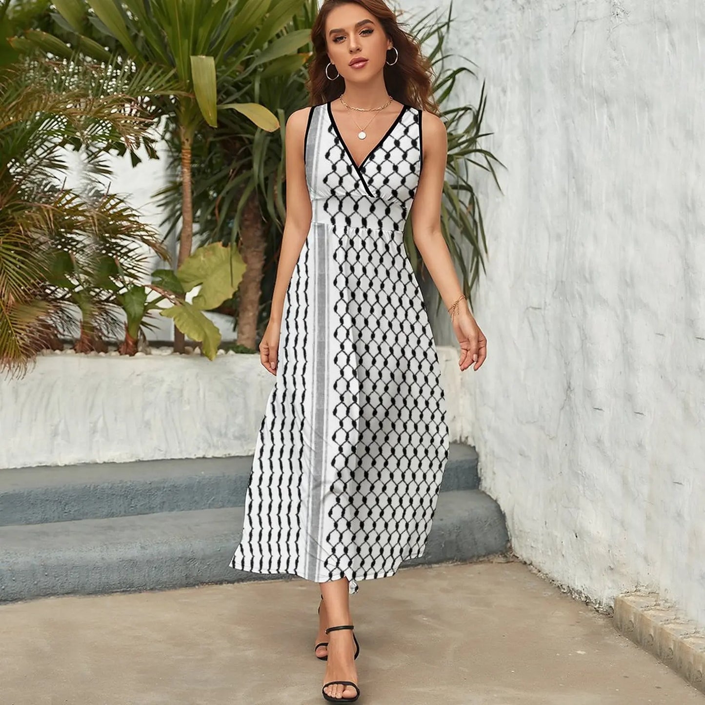 Palestinian Hatta Kufiya Folk Pattern #2-Black, Palestine Arabic Traditional Keffiyeh Design Sleeveless Dress womens clothing