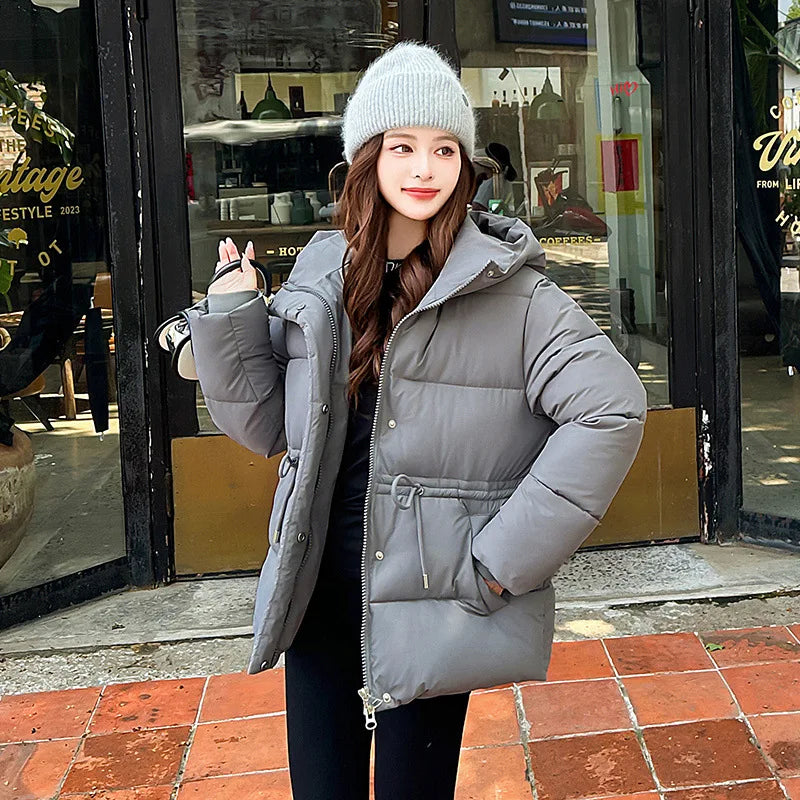 Women's Winter Padded Coat Solid Color Drawstring Waist-cinching Pockets Quilted Jacket For Female Minimalist Lady's Jacket