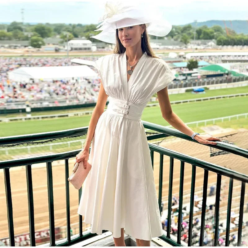 Fashion White Party Long Dress 2024 Women Elegant Pleated Waist Belt Flying Sleeve Office Robe New Lady Street Dresses