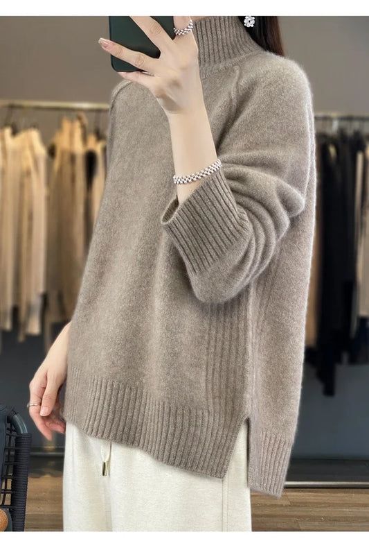 Women's High-Necked Cashmere Sweater 100% Soft Wool Thickened Lazy Raglan Sweater with Slit for Autumn Winter Comfortable Waxy W