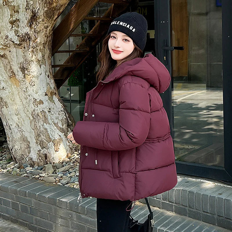 Women's Winter Padded Coat Solid Color Drawstring Waist-cinching Pockets Quilted Jacket For Female Minimalist Lady's Jacket