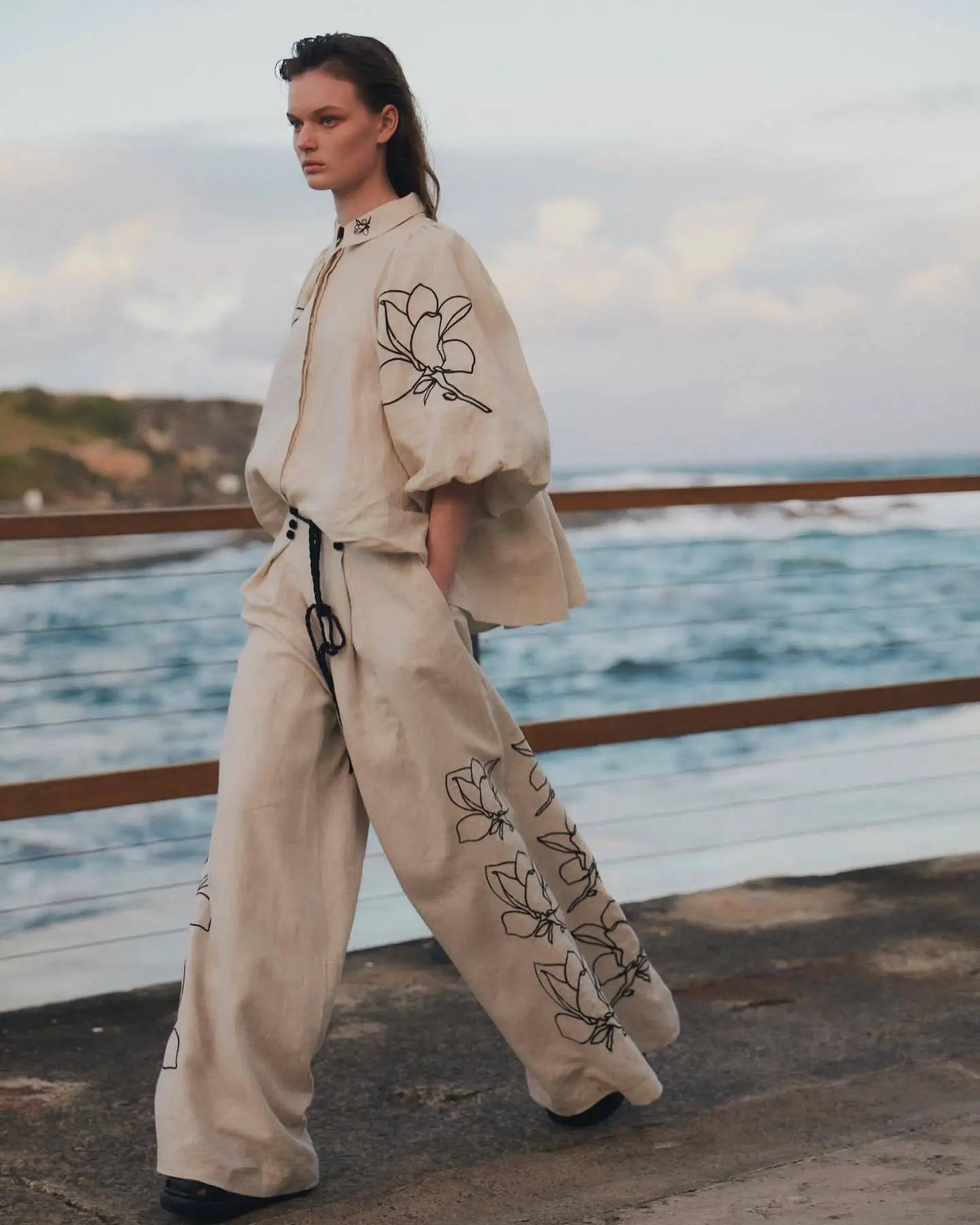Cotton Linen Women Elegant Two Piece Set Loose Long Sleeve Printed Shirt and High Waist Wide Leg Pants Set Casual Womens Outfits