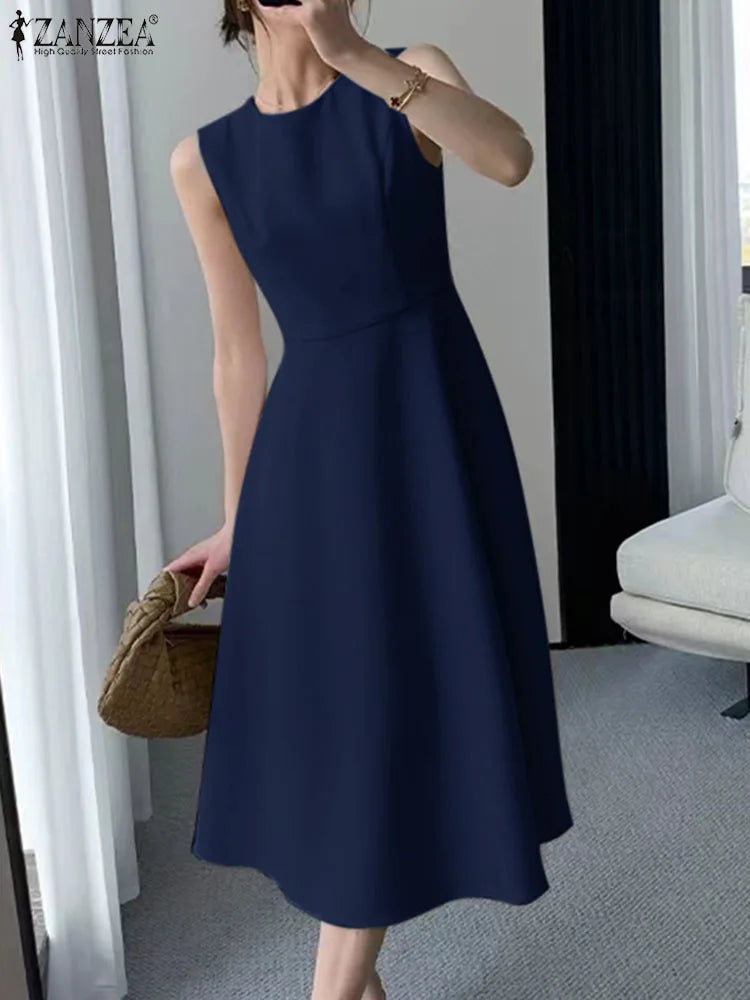 ZANZEA Women Sleeveless Pleated Dress 2024 Summer Korean A-line Tank Evening Dress Elegant Swing Vestido Vintage Party Long Robe