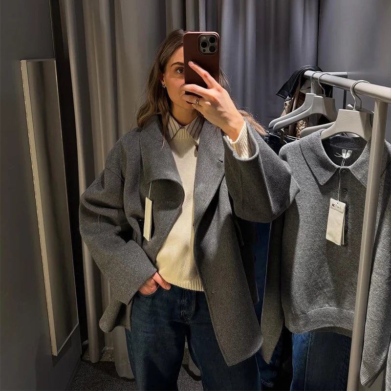 Fashion Women's Stand Collar Woolen Coats Long Sleeve Loose Female Short Coat 2025 Autumn Winter Office Lady Street Jacket