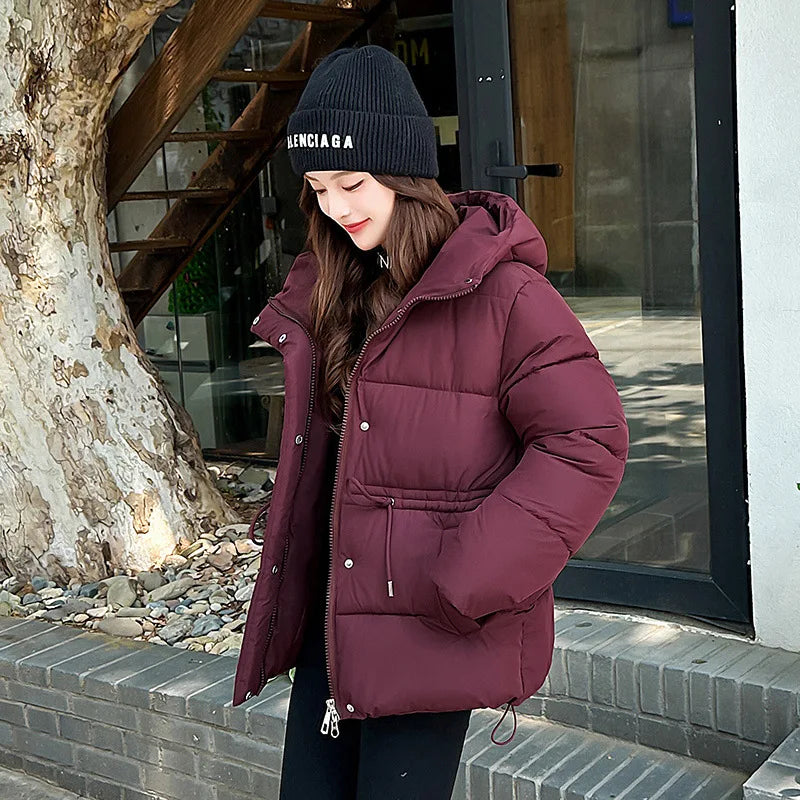 Women's Winter Padded Coat Solid Color Drawstring Waist-cinching Pockets Quilted Jacket For Female Minimalist Lady's Jacket