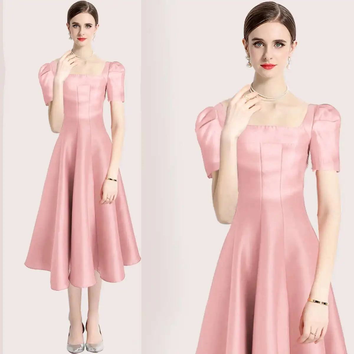 JAMERARY Summer Women Dress Long French Hepburn Style Fashion Party Elegant Square Collar Short Sleeve Midi Vestidos Party Robe