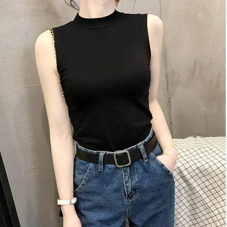 Women's Sleeveless Half Polo Turtle Neck Tank Top Fashionable Inner Base Layer Outer Wear Trendy Southeast Asian