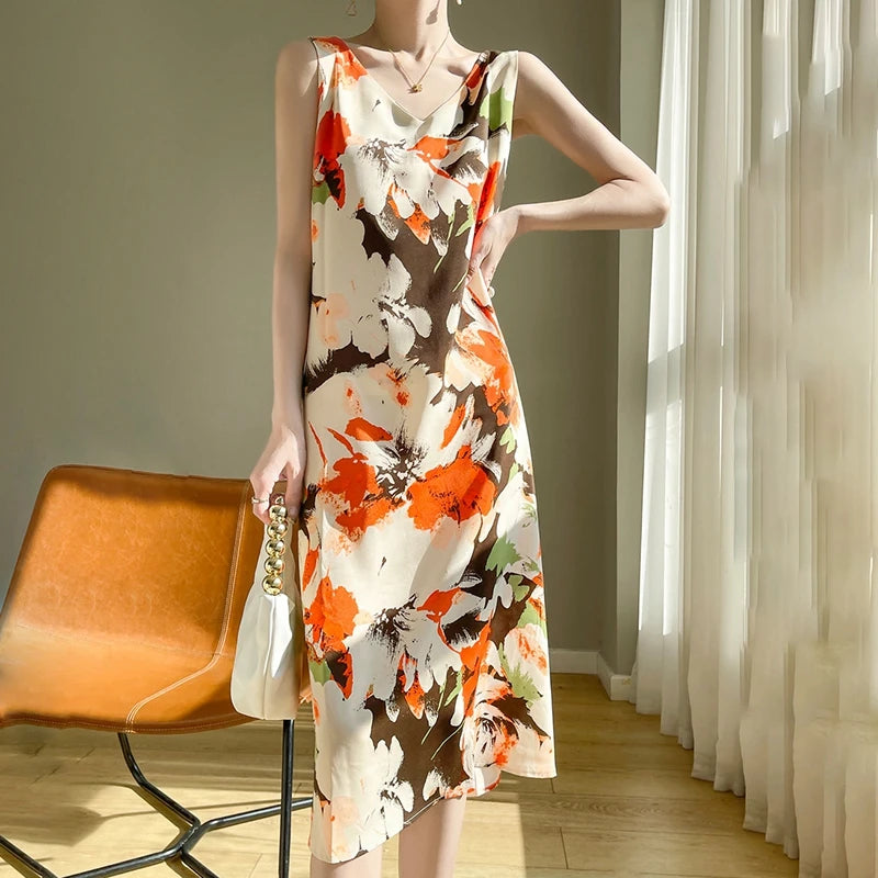 Summer new French silk vest dress for women, acetate satin V-neck light mature fashion floral A-line mid length skirt