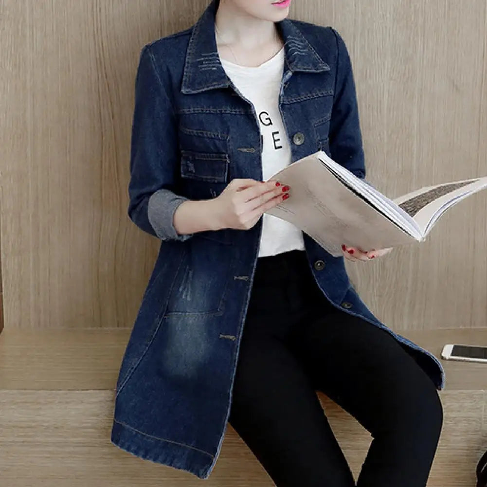 Fashion Single Breasted Long Denim Jacket Shrink Resistant Women Jacket Irregular Hem Long Women Jacket for Vacation