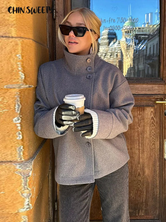 Fashion Women's Stand Collar Woolen Coats Long Sleeve Loose Female Short Coat 2025 Autumn Winter Office Lady Street Jacket