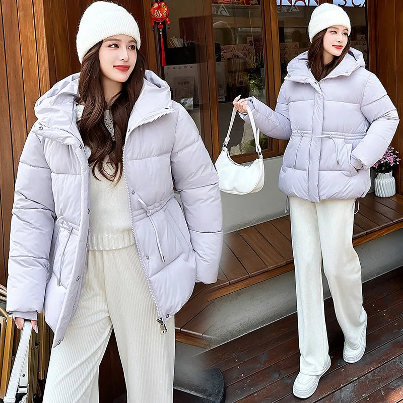 Women's Winter Padded Coat Solid Color Drawstring Waist-cinching Pockets Quilted Jacket For Female Minimalist Lady's Jacket