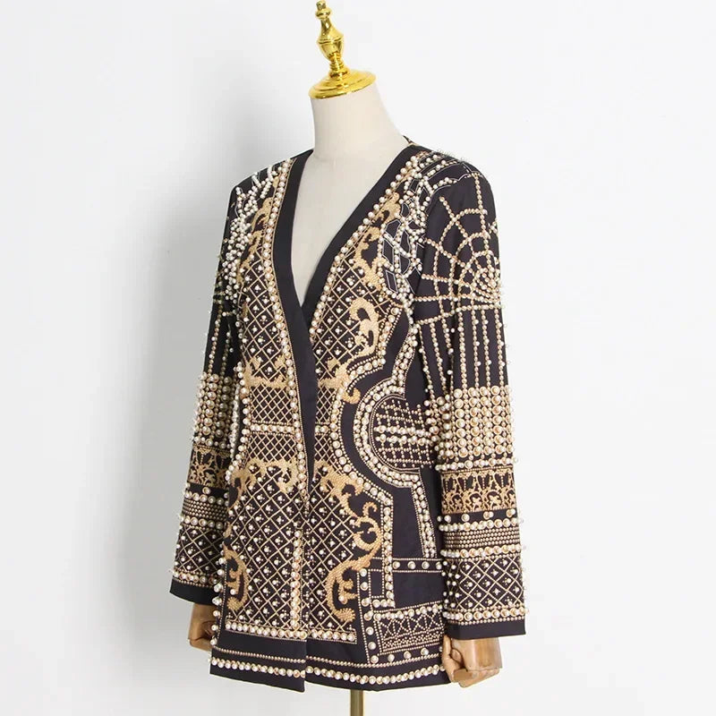 Women Suit Jacket V-Neck Long Sleeved Bubble Bead Print Retro Elegant Fashion Trend Versatile Loose Comfortable Suit Overcoat