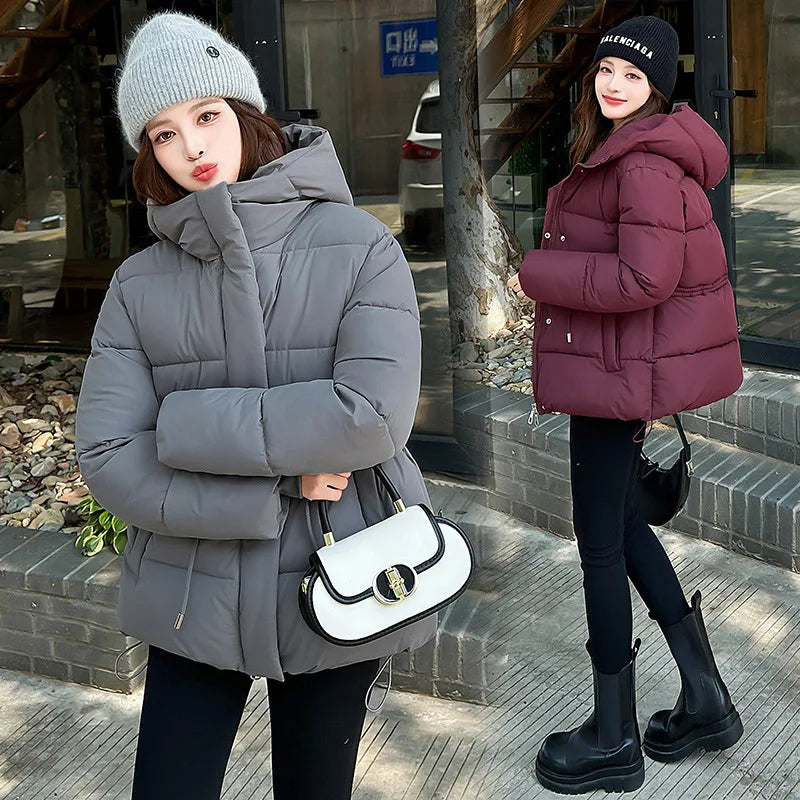 Women's Winter Padded Coat Solid Color Drawstring Waist-cinching Pockets Quilted Jacket For Female Minimalist Lady's Jacket