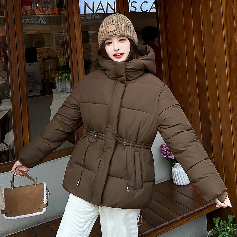 Women's Winter Padded Coat Solid Color Drawstring Waist-cinching Pockets Quilted Jacket For Female Minimalist Lady's Jacket