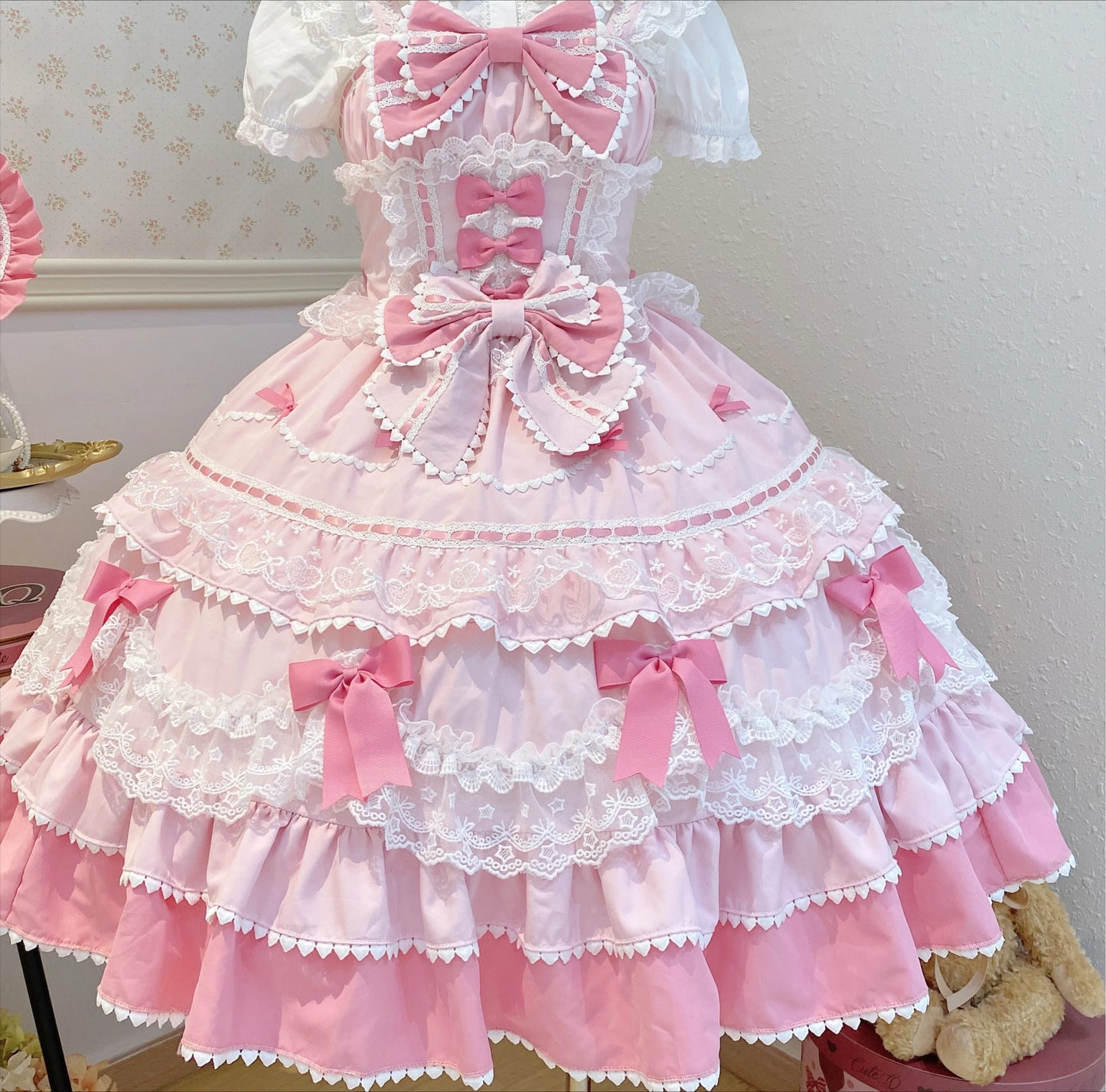 New 2025 Summer Original Sweet Lolita Jsk Dress Cute Bow Lace Stitching Kawaii Girls Women Elegant Slim Suspender Dresses