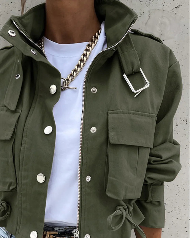 Women Short Jackets Autumn Winter Female Turn Down Collar Long Lantern Sleeve Cropped Biker Cycle Coat Outwear SZE-5353
