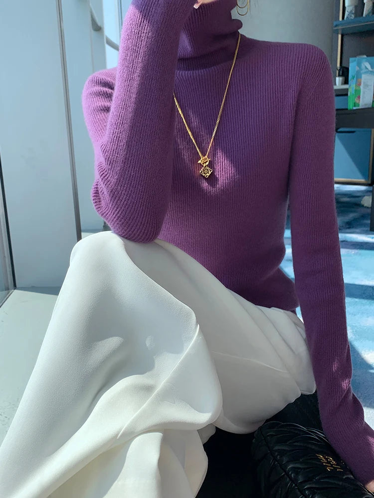 Grace Women Slim Sweater Pullover Turtleneck Basic Cashmere Autumn Winter 100% Merino Wool Knitwear Soft High-end Threaded Tops