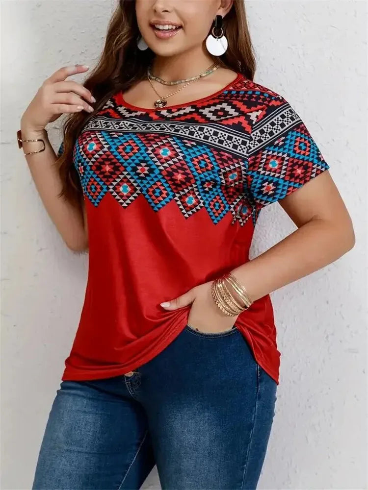 New 2025 Summer Retro T Shirt Women Ethnic Style Geometry Pattern Print Shirt Casual Fashion Plus Size Short Sleeve Tee Tops 6XL