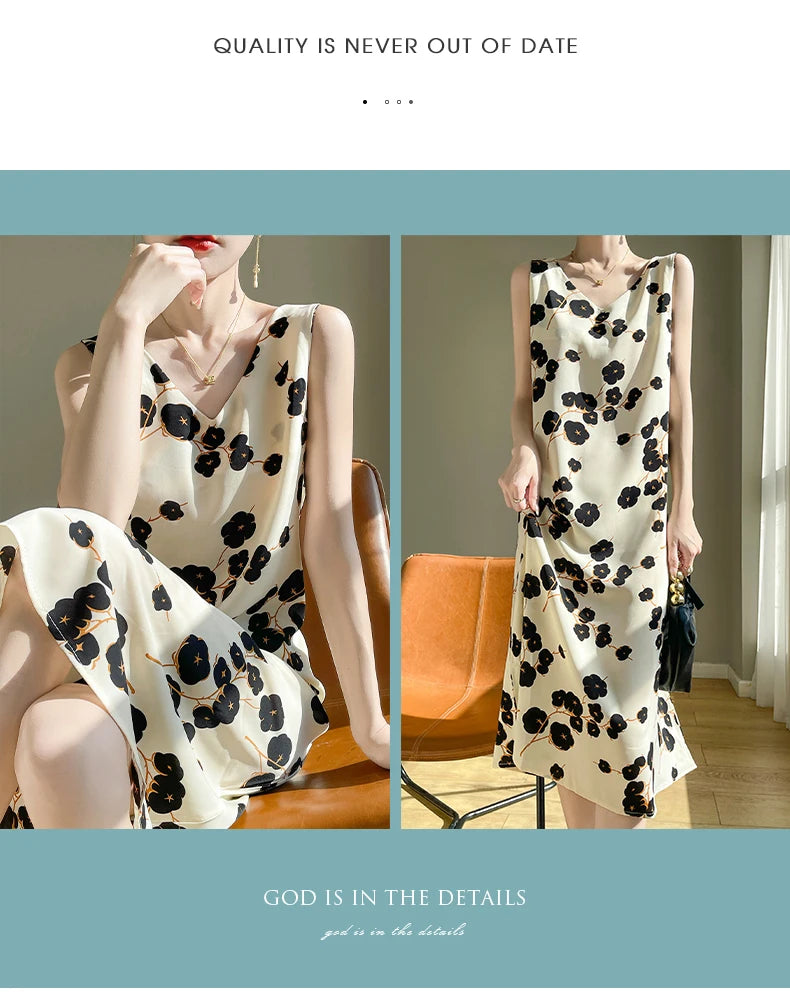 Summer new French silk vest dress for women, acetate satin V-neck light mature fashion floral A-line mid length skirt