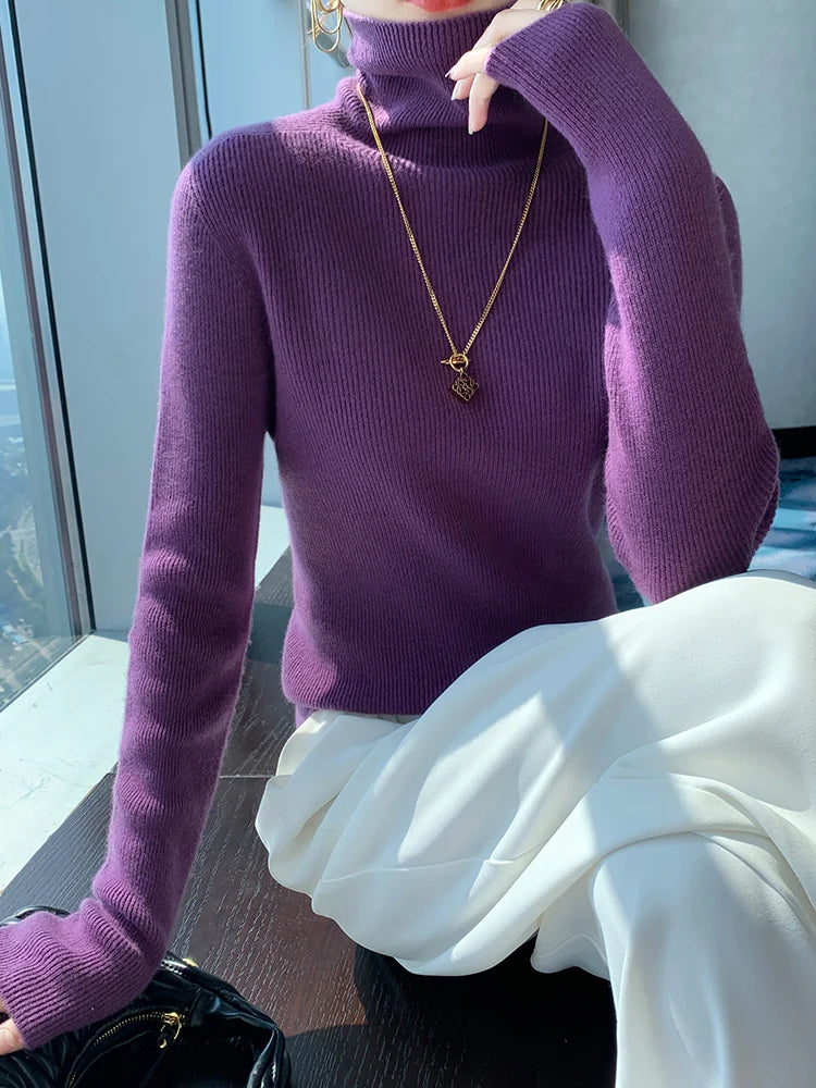 Grace Women Slim Sweater Pullover Turtleneck Basic Cashmere Autumn Winter 100% Merino Wool Knitwear Soft High-end Threaded Tops