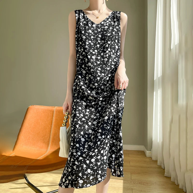 Summer new French silk vest dress for women, acetate satin V-neck light mature fashion floral A-line mid length skirt