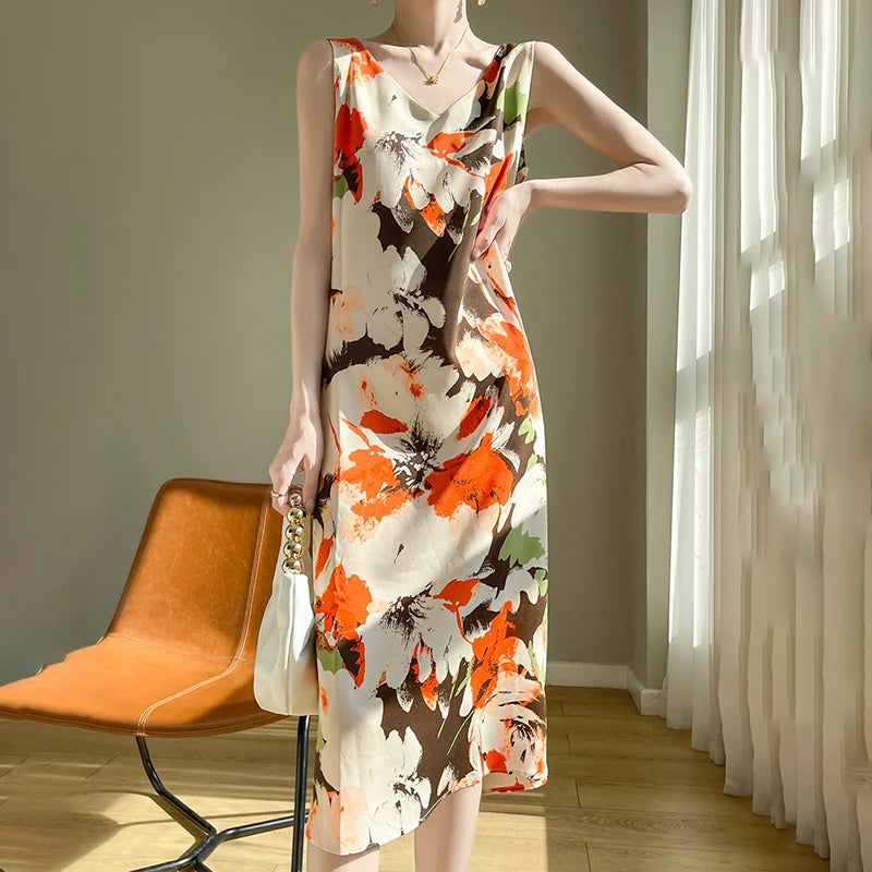 Summer new French silk vest dress for women, acetate satin V-neck light mature fashion floral A-line mid length skirt