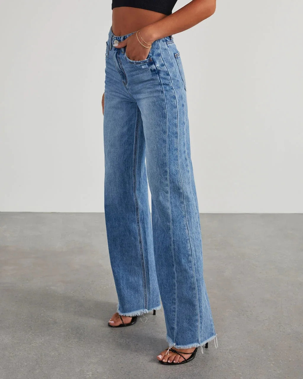 Jeans Women Straight Long Pants Casual Floor Length Mom Pant Blue High Waist Elegant Splice Pockets Slim Y2k Denim Trousers