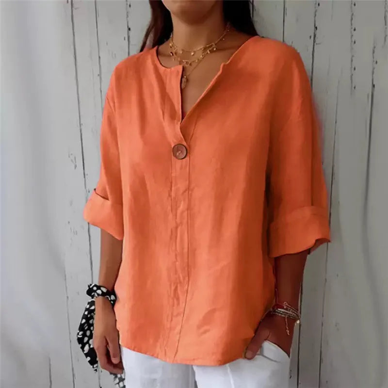 Summer Cotton Linen Blouses For Women 2025 Plus Size V-Neck Button Tee Shirts Casual Half Sleeve Black Tops Loose Women T Shirt