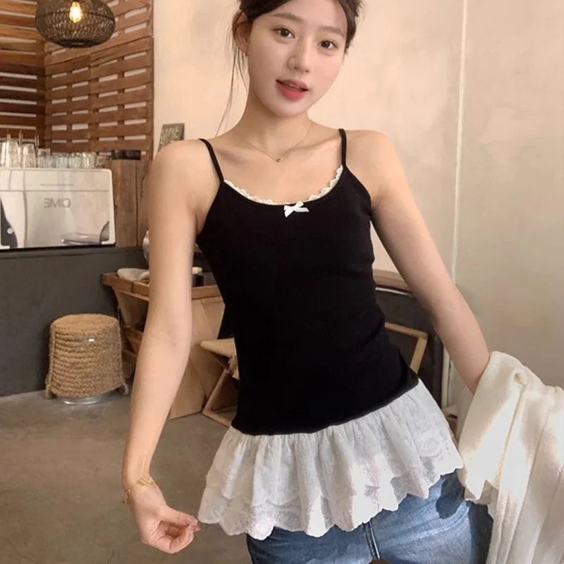 Bow Lace Patchwork Hem Cami White Top Women Camisole Long Ruffle Sleeveless 2025 Spring Autumn Y2K Korean Kawaii Camis Black