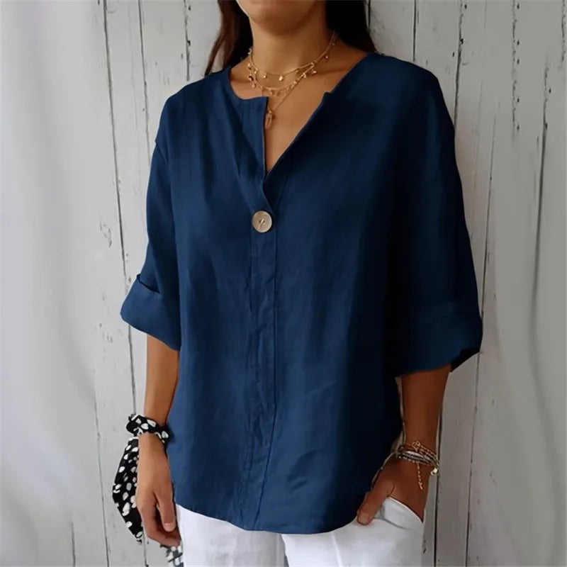 Summer Cotton Linen Blouses For Women 2025 Plus Size V-Neck Button Tee Shirts Casual Half Sleeve Black Tops Loose Women T Shirt
